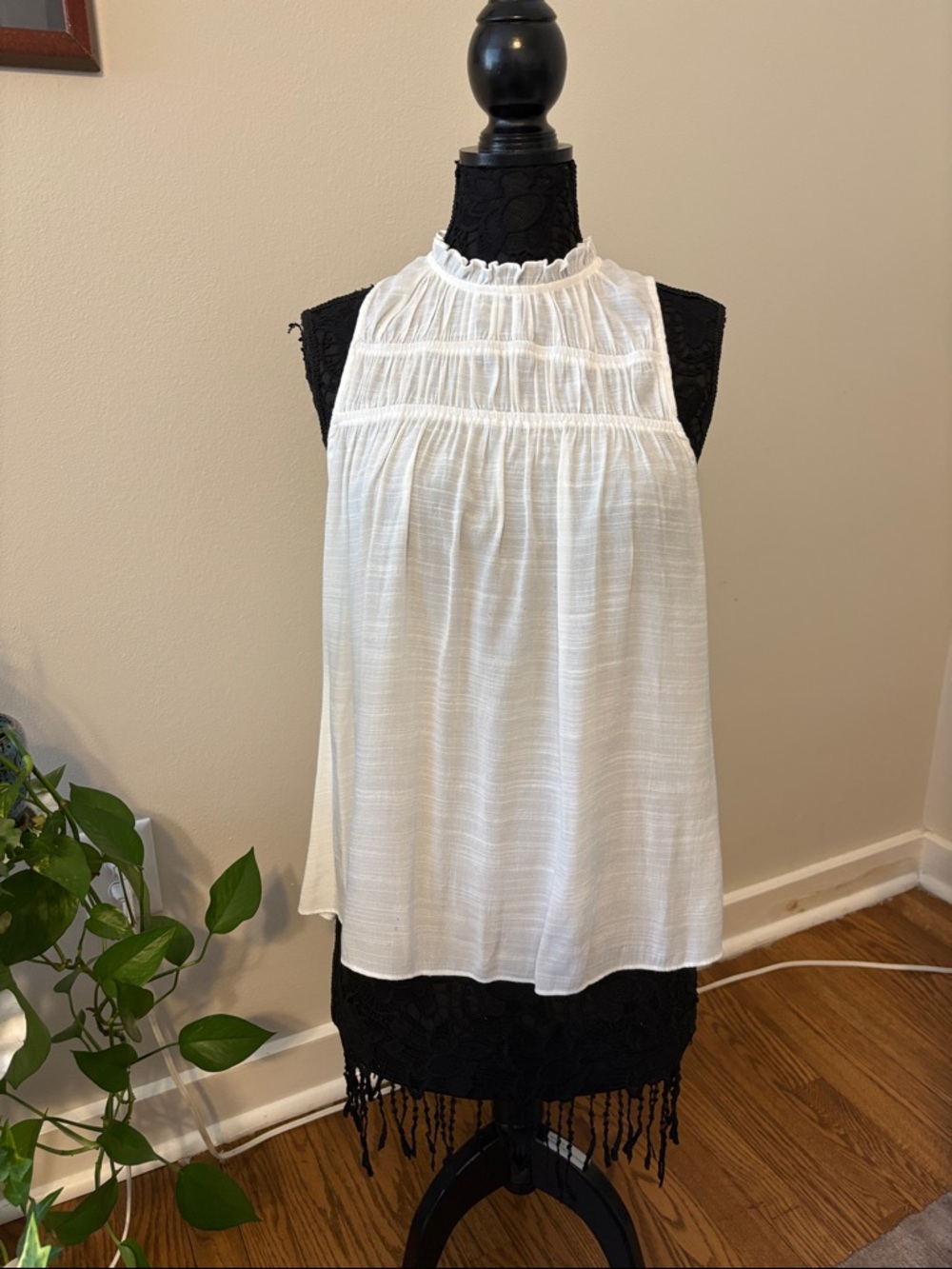 White Ruffled High-Neck Sleeveless Casual Top
